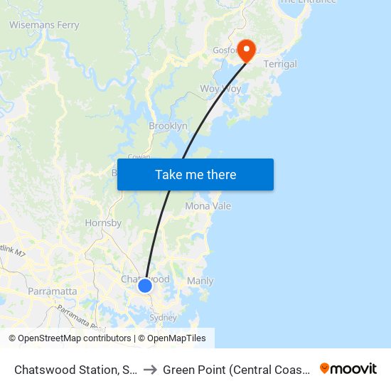 Chatswood Station, Stand A to Green Point (Central Coast - NSW) map