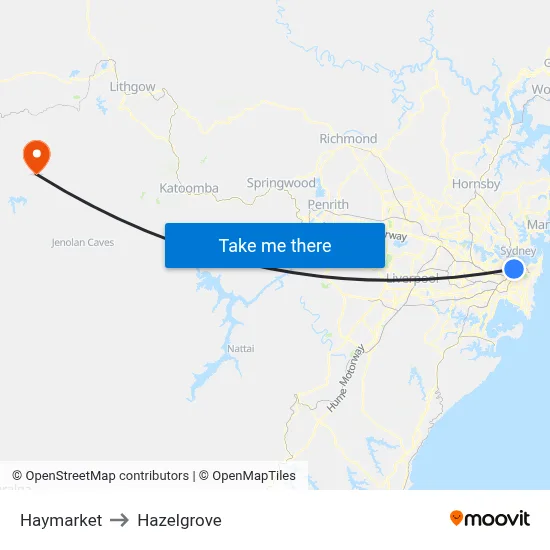 Haymarket to Hazelgrove map