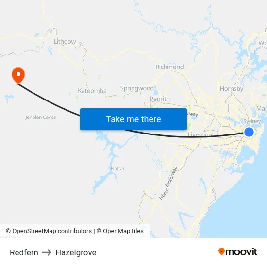 Redfern to Hazelgrove map
