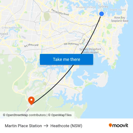 Martin Place Station to Heathcote (NSW) map