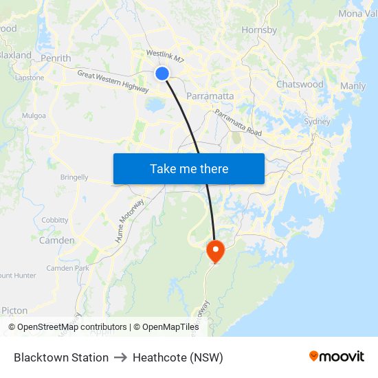 Blacktown Station to Heathcote (NSW) map