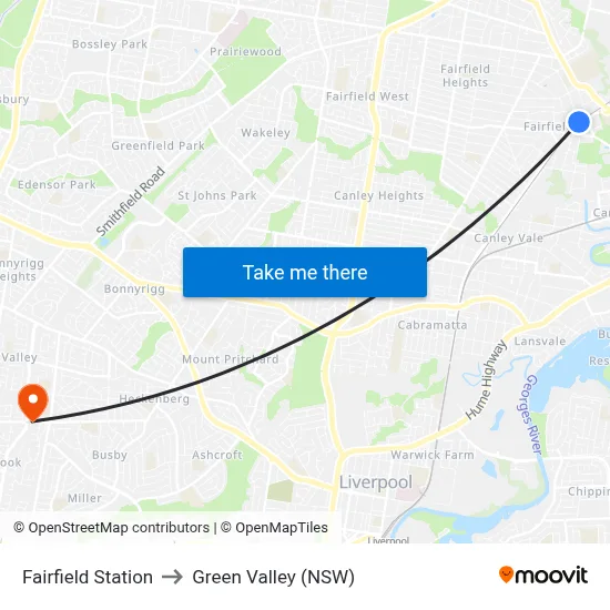 Fairfield Station to Green Valley (NSW) map