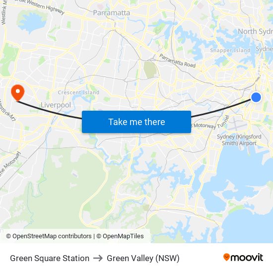 Green Square Station to Green Valley (NSW) map