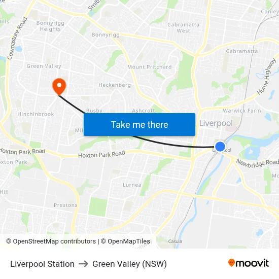 Liverpool Station to Green Valley (NSW) map