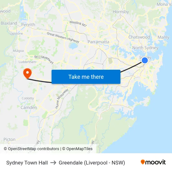 Sydney Town Hall to Greendale (Liverpool - NSW) map