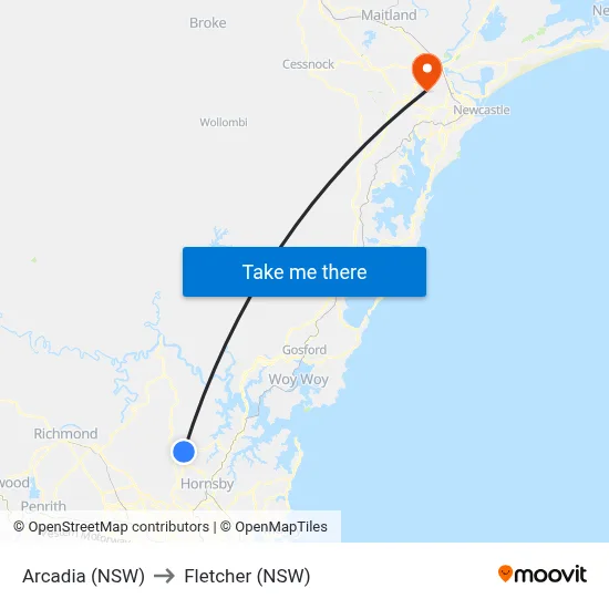 Arcadia (NSW) to Fletcher (NSW) map