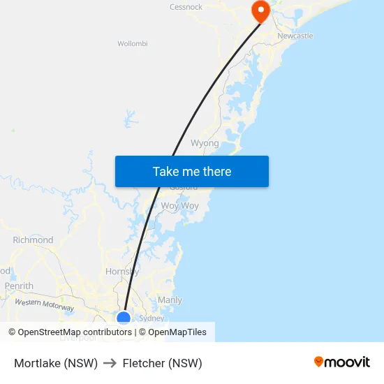 Mortlake (NSW) to Fletcher (NSW) map