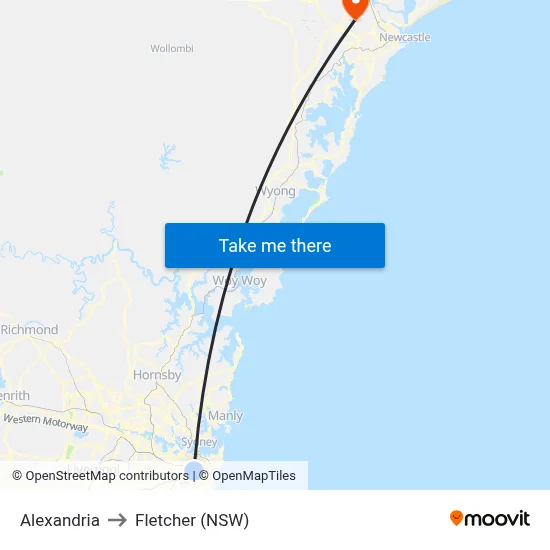 Alexandria to Fletcher (NSW) map