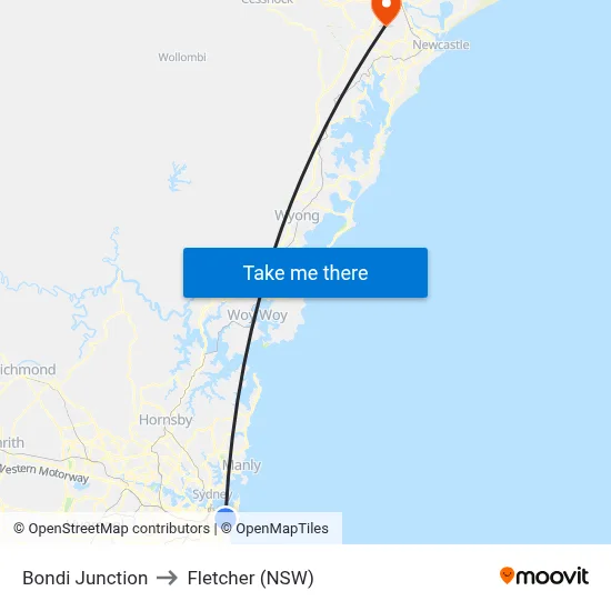 Bondi Junction to Fletcher (NSW) map