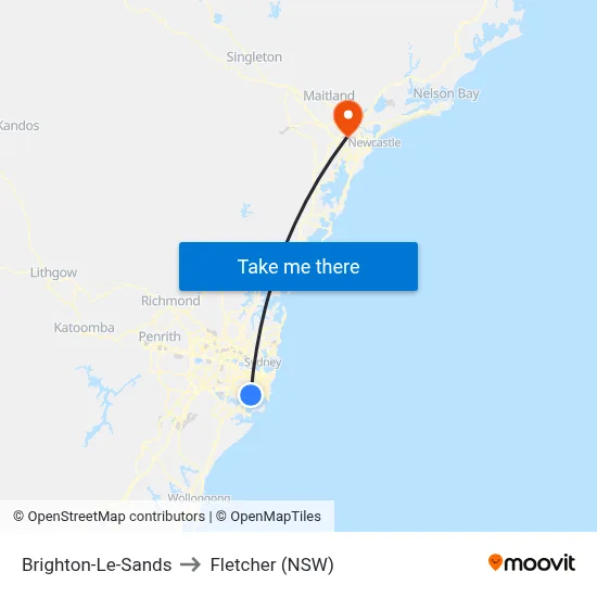 Brighton-Le-Sands to Fletcher (NSW) map
