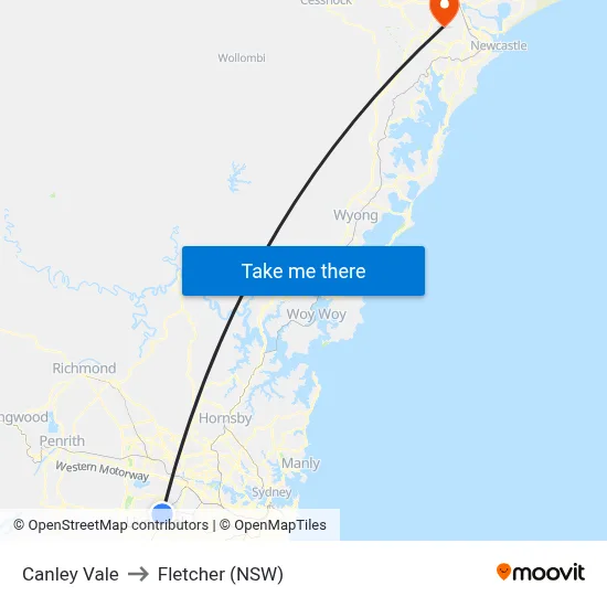 Canley Vale to Fletcher (NSW) map