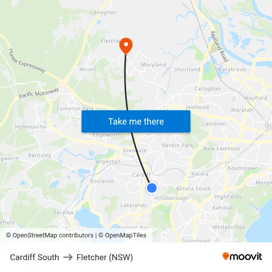 Cardiff South to Fletcher (NSW) map