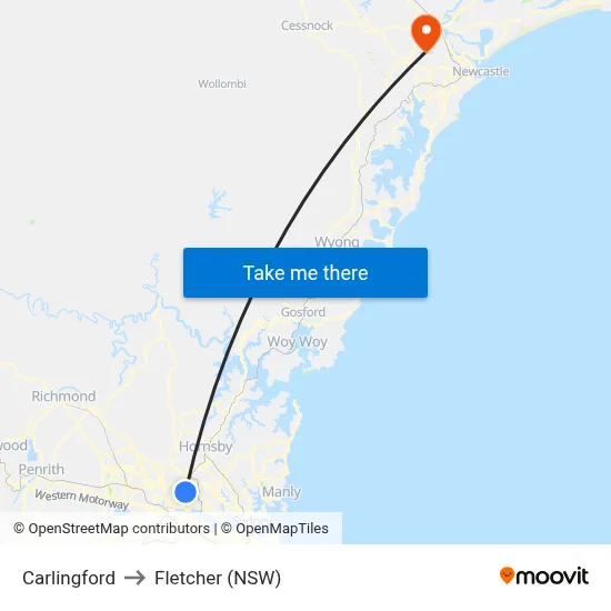 Carlingford to Fletcher (NSW) map