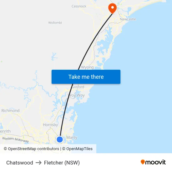 Chatswood to Fletcher (NSW) map