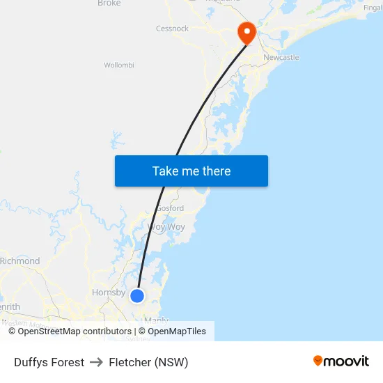 Duffys Forest to Fletcher (NSW) map