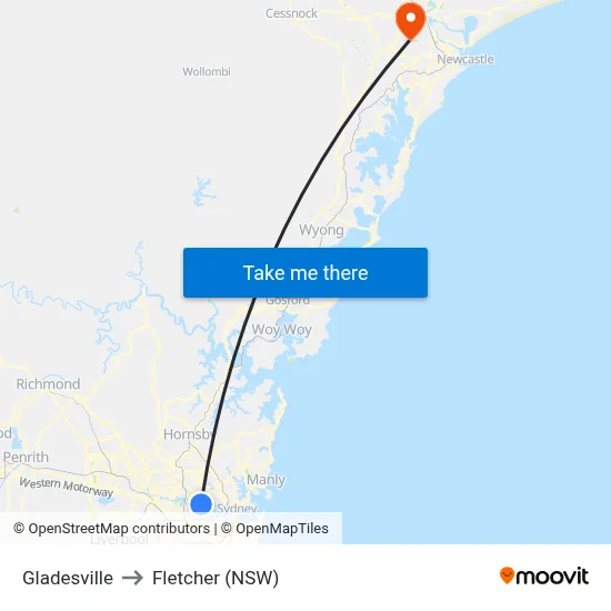 Gladesville to Fletcher (NSW) map