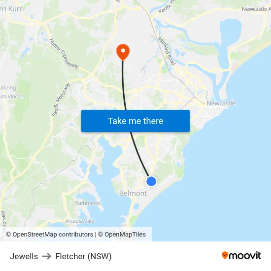 Jewells to Fletcher (NSW) map
