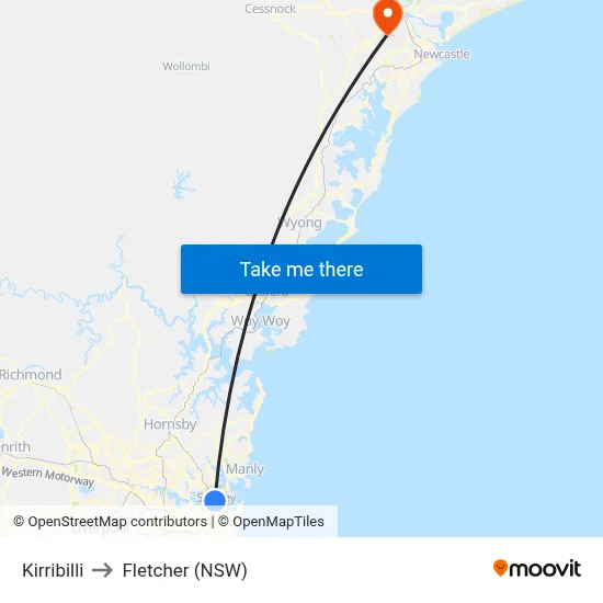 Kirribilli to Fletcher (NSW) map
