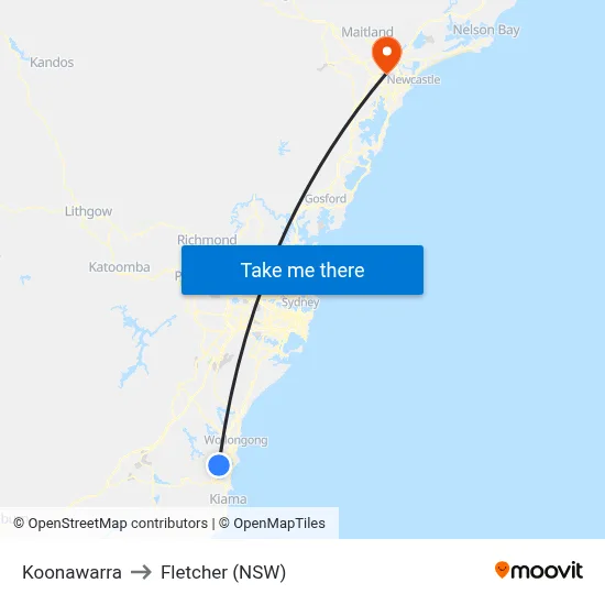 Koonawarra to Fletcher (NSW) map