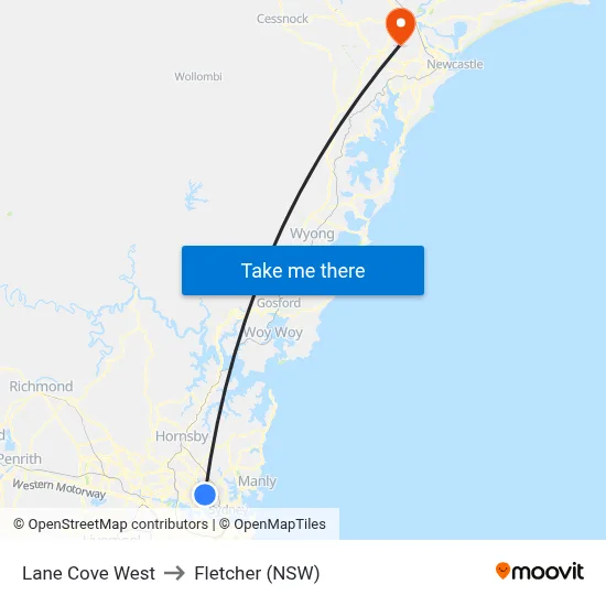 Lane Cove West to Fletcher (NSW) map