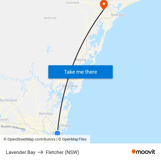 Lavender Bay to Fletcher (NSW) map