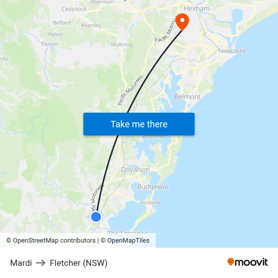 Mardi to Fletcher (NSW) map