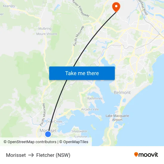 Morisset to Fletcher (NSW) map