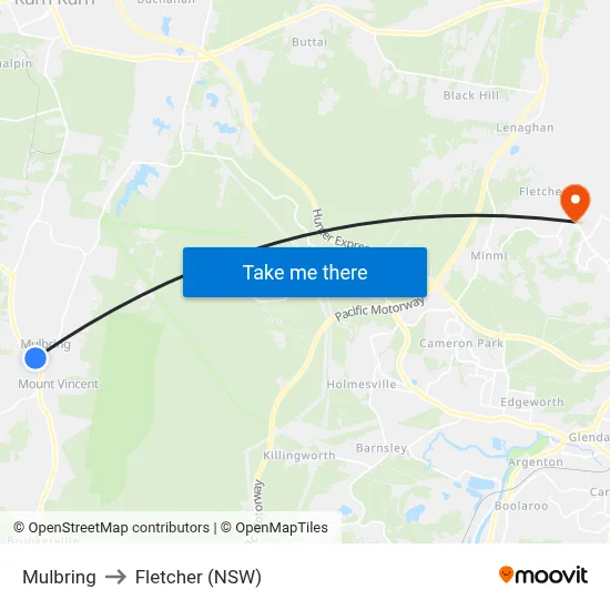 Mulbring to Fletcher (NSW) map