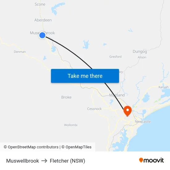 Muswellbrook to Fletcher (NSW) map