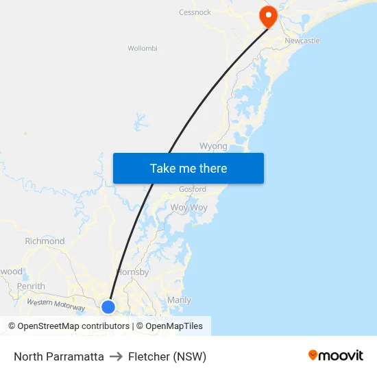 North Parramatta to Fletcher (NSW) map