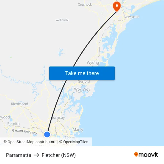 Parramatta to Fletcher (NSW) map