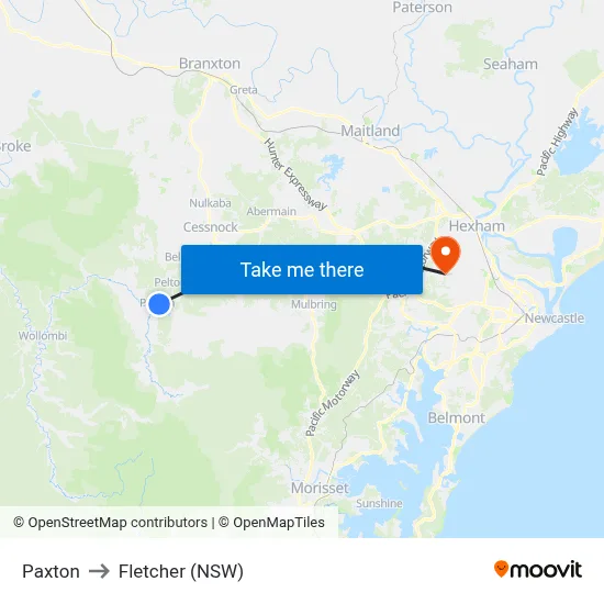 Paxton to Fletcher (NSW) map