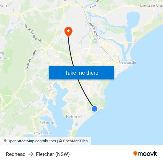 Redhead to Fletcher (NSW) map