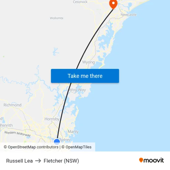 Russell Lea to Fletcher (NSW) map