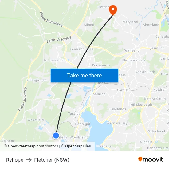 Ryhope to Fletcher (NSW) map