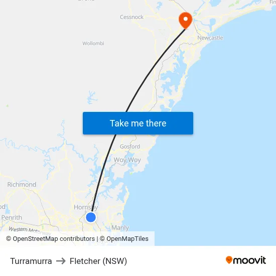 Turramurra to Fletcher (NSW) map