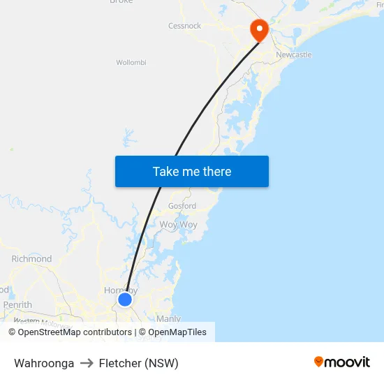 Wahroonga to Fletcher (NSW) map