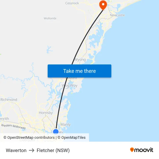 Waverton to Fletcher (NSW) map