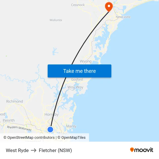 West Ryde to Fletcher (NSW) map