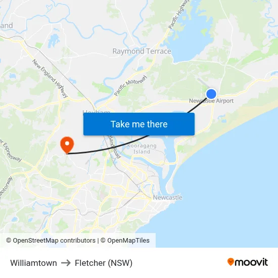 Williamtown to Fletcher (NSW) map
