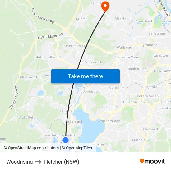 Woodrising to Fletcher (NSW) map