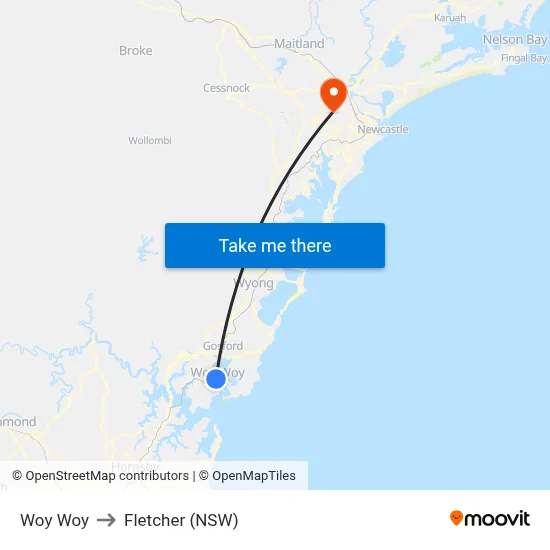 Woy Woy to Fletcher (NSW) map