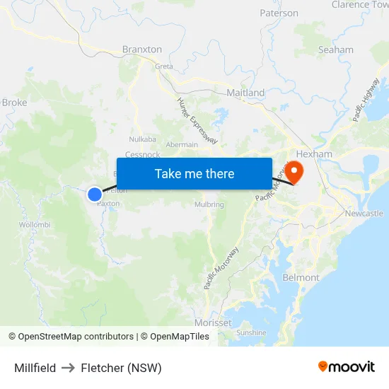 Millfield to Fletcher (NSW) map