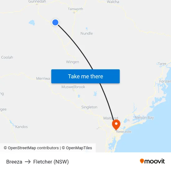Breeza to Fletcher (NSW) map