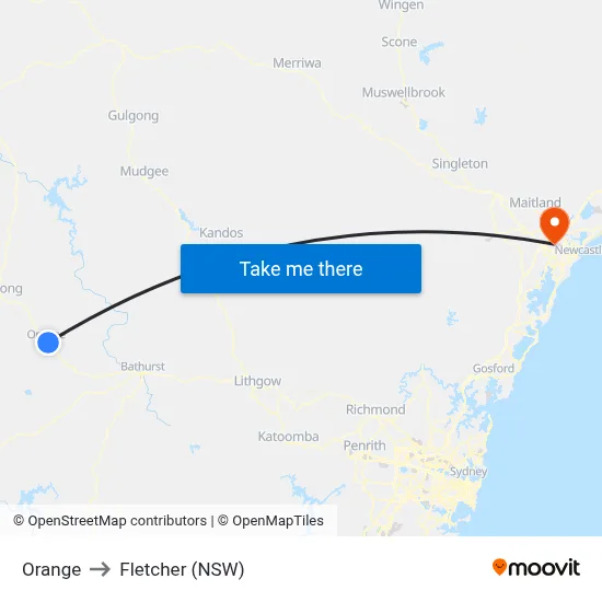 Orange to Fletcher (NSW) map