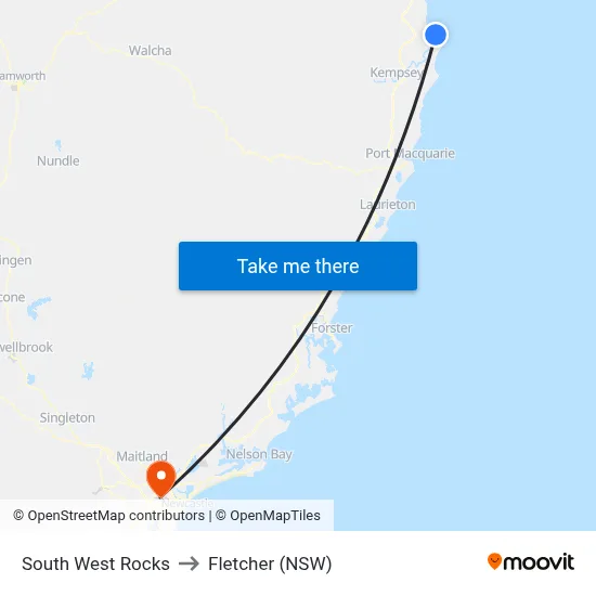 South West Rocks to Fletcher (NSW) map
