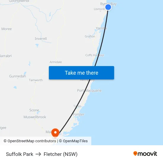 Suffolk Park to Fletcher (NSW) map