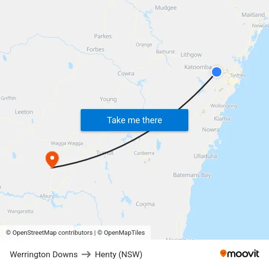 Werrington Downs to Henty (NSW) map
