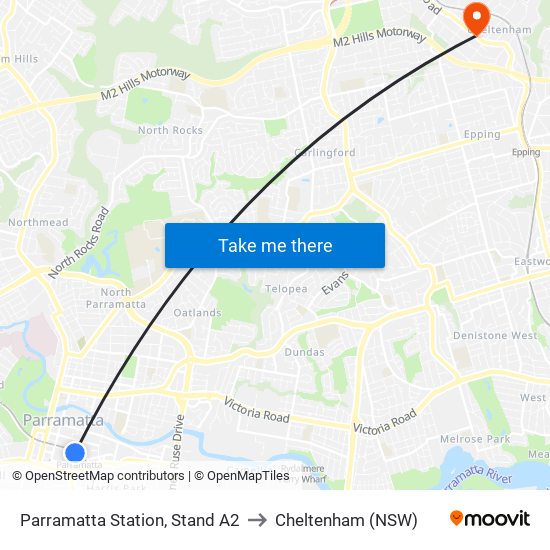 Parramatta Station, Stand A2 to Cheltenham (NSW) map