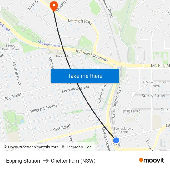 Epping Station to Cheltenham (NSW) map